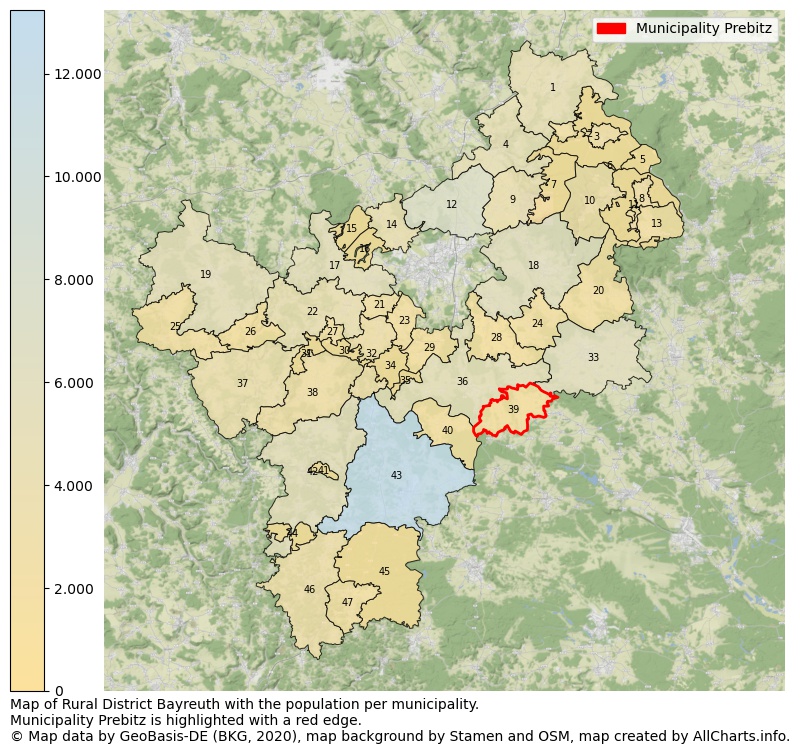 Map of Rural district Bayreuth with the population per municipality.Municipality Prebitz is highlighted with a red edge.. This page shows a lot of information about residents (such as the distribution by age groups, family composition, gender, native or German with an immigration background, ...), homes (numbers, types, price development, use, type of property, ...) and more (car ownership, energy consumption, ...) based on open data from the German Federal Agency for Cartography, the Federal Statistical Office (DESTATIS), the Regional Statistical Offices and various other sources!