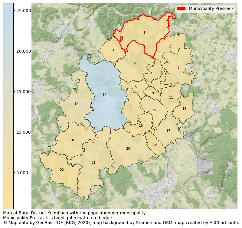 Map of Rural district Kulmbach with the population per municipality.Municipality Presseck is highlighted with a red edge.. This page shows a lot of information about residents (such as the distribution by age groups, family composition, gender, native or German with an immigration background, ...), homes (numbers, types, price development, use, type of property, ...) and more (car ownership, energy consumption, ...) based on open data from the German Federal Agency for Cartography, the Federal Statistical Office (DESTATIS), the Regional Statistical Offices and various other sources!