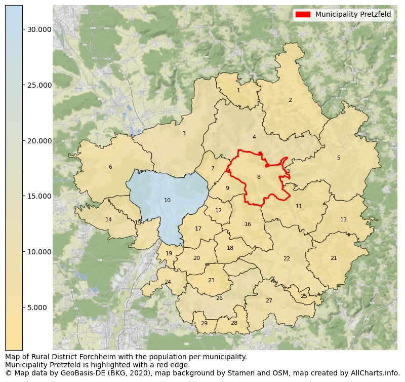 Map of Rural district Forchheim with the population per municipality.Municipality Pretzfeld is highlighted with a red edge.. This page shows a lot of information about residents (such as the distribution by age groups, family composition, gender, native or German with an immigration background, ...), homes (numbers, types, price development, use, type of property, ...) and more (car ownership, energy consumption, ...) based on open data from the German Federal Agency for Cartography, the Federal Statistical Office (DESTATIS), the Regional Statistical Offices and various other sources!