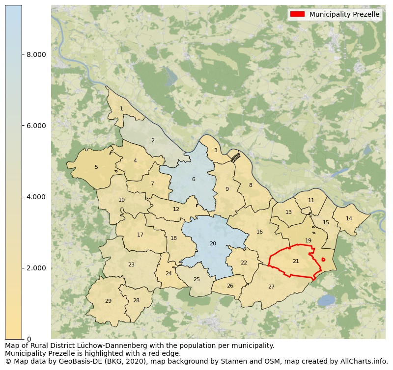 Map of Rural district Lüchow-Dannenberg with the population per municipality.Municipality Prezelle is highlighted with a red edge.. This page shows a lot of information about residents (such as the distribution by age groups, family composition, gender, native or German with an immigration background, ...), homes (numbers, types, price development, use, type of property, ...) and more (car ownership, energy consumption, ...) based on open data from the German Federal Agency for Cartography, the Federal Statistical Office (DESTATIS), the Regional Statistical Offices and various other sources!