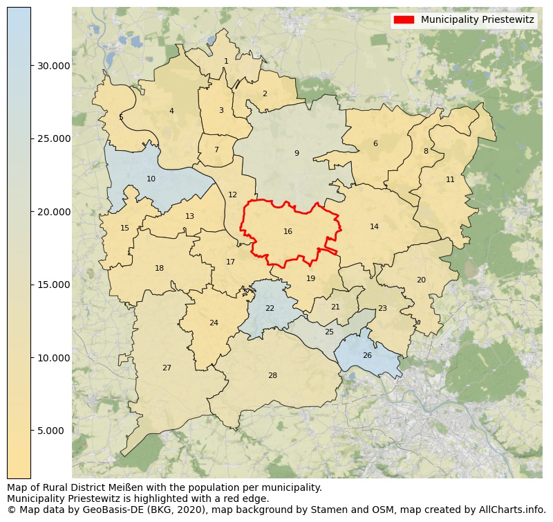 Map of Rural district Meißen with the population per municipality.Municipality Priestewitz is highlighted with a red edge.. This page shows a lot of information about residents (such as the distribution by age groups, family composition, gender, native or German with an immigration background, ...), homes (numbers, types, price development, use, type of property, ...) and more (car ownership, energy consumption, ...) based on open data from the German Federal Agency for Cartography, the Federal Statistical Office (DESTATIS), the Regional Statistical Offices and various other sources!
