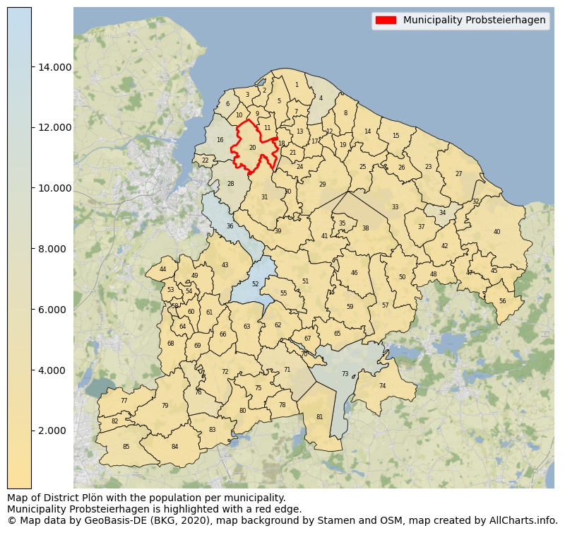 Map of District Plön with the population per municipality.Municipality Probsteierhagen is highlighted with a red edge.. This page shows a lot of information about residents (such as the distribution by age groups, family composition, gender, native or German with an immigration background, ...), homes (numbers, types, price development, use, type of property, ...) and more (car ownership, energy consumption, ...) based on open data from the German Federal Agency for Cartography, the Federal Statistical Office (DESTATIS), the Regional Statistical Offices and various other sources!