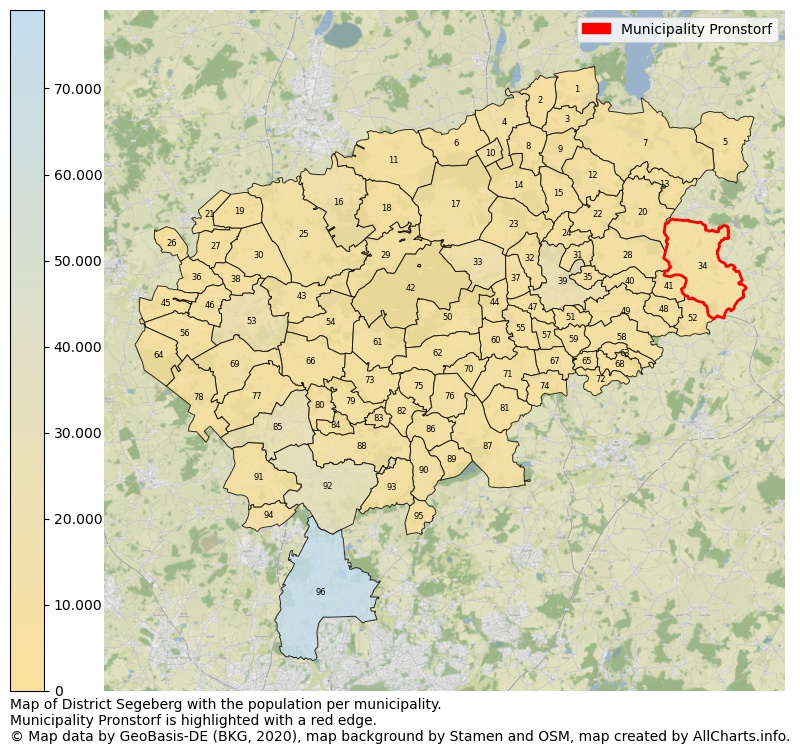 Map of District Segeberg with the population per municipality.Municipality Pronstorf is highlighted with a red edge.. This page shows a lot of information about residents (such as the distribution by age groups, family composition, gender, native or German with an immigration background, ...), homes (numbers, types, price development, use, type of property, ...) and more (car ownership, energy consumption, ...) based on open data from the German Federal Agency for Cartography, the Federal Statistical Office (DESTATIS), the Regional Statistical Offices and various other sources!