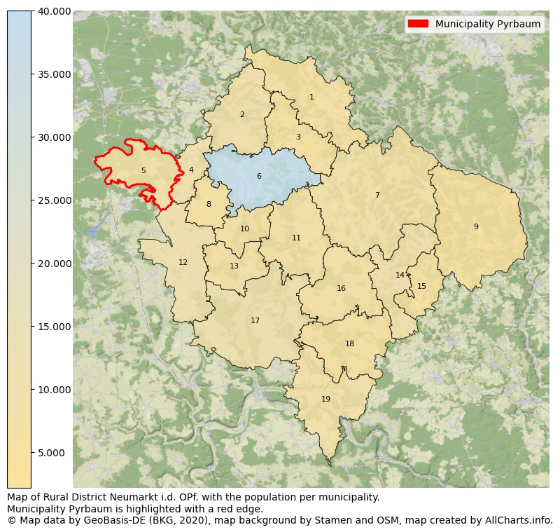 Map of Rural district Neumarkt i.d. OPf. with the population per municipality.Municipality Pyrbaum is highlighted with a red edge.. This page shows a lot of information about residents (such as the distribution by age groups, family composition, gender, native or German with an immigration background, ...), homes (numbers, types, price development, use, type of property, ...) and more (car ownership, energy consumption, ...) based on open data from the German Federal Agency for Cartography, the Federal Statistical Office (DESTATIS), the Regional Statistical Offices and various other sources!