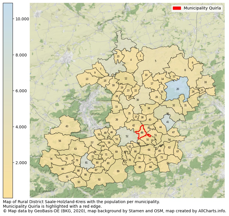 Map of Rural district Saale-Holzland-Kreis with the population per municipality.Municipality Quirla is highlighted with a red edge.. This page shows a lot of information about residents (such as the distribution by age groups, family composition, gender, native or German with an immigration background, ...), homes (numbers, types, price development, use, type of property, ...) and more (car ownership, energy consumption, ...) based on open data from the German Federal Agency for Cartography, the Federal Statistical Office (DESTATIS), the Regional Statistical Offices and various other sources!