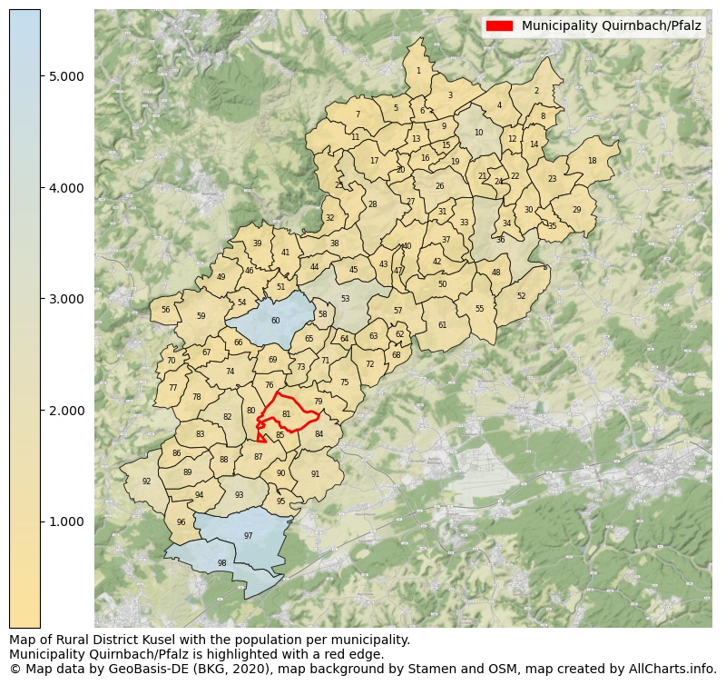 Map of Rural district Kusel with the population per municipality.Municipality Quirnbach/Pfalz is highlighted with a red edge.. This page shows a lot of information about residents (such as the distribution by age groups, family composition, gender, native or German with an immigration background, ...), homes (numbers, types, price development, use, type of property, ...) and more (car ownership, energy consumption, ...) based on open data from the German Federal Agency for Cartography, the Federal Statistical Office (DESTATIS), the Regional Statistical Offices and various other sources!