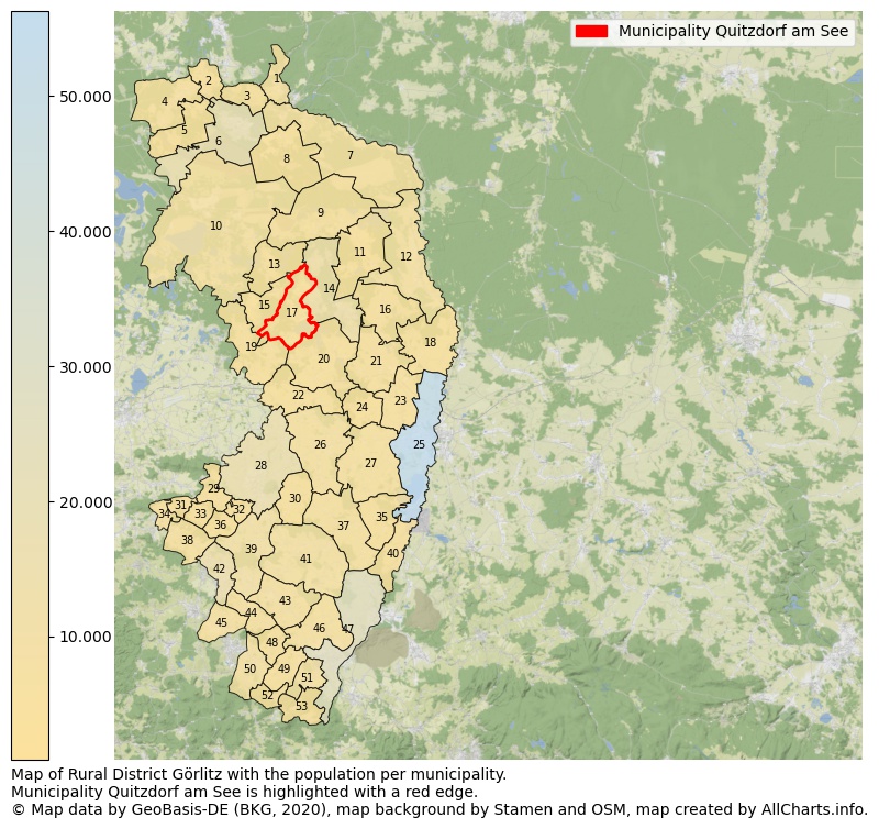 Map of Rural district Görlitz with the population per municipality.Municipality Quitzdorf am See is highlighted with a red edge.. This page shows a lot of information about residents (such as the distribution by age groups, family composition, gender, native or German with an immigration background, ...), homes (numbers, types, price development, use, type of property, ...) and more (car ownership, energy consumption, ...) based on open data from the German Federal Agency for Cartography, the Federal Statistical Office (DESTATIS), the Regional Statistical Offices and various other sources!