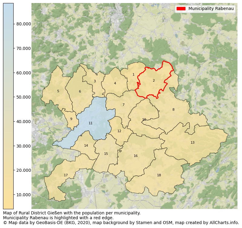 Map of Rural district Gießen with the population per municipality.Municipality Rabenau is highlighted with a red edge.. This page shows a lot of information about residents (such as the distribution by age groups, family composition, gender, native or German with an immigration background, ...), homes (numbers, types, price development, use, type of property, ...) and more (car ownership, energy consumption, ...) based on open data from the German Federal Agency for Cartography, the Federal Statistical Office (DESTATIS), the Regional Statistical Offices and various other sources!
