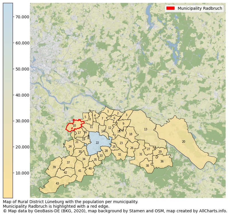 Map of Rural district Lüneburg with the population per municipality.Municipality Radbruch is highlighted with a red edge.. This page shows a lot of information about residents (such as the distribution by age groups, family composition, gender, native or German with an immigration background, ...), homes (numbers, types, price development, use, type of property, ...) and more (car ownership, energy consumption, ...) based on open data from the German Federal Agency for Cartography, the Federal Statistical Office (DESTATIS), the Regional Statistical Offices and various other sources!