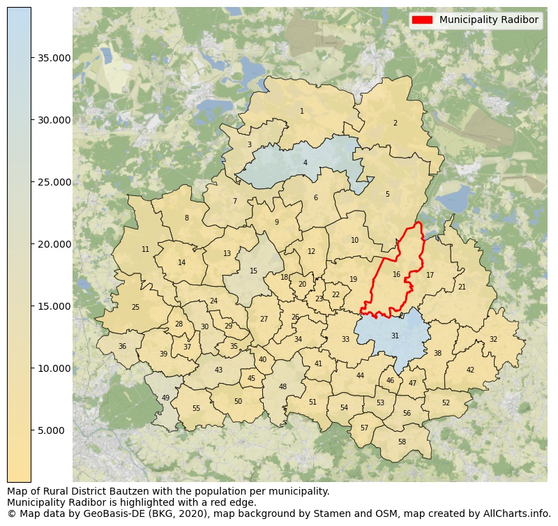 Map of Rural district Bautzen with the population per municipality.Municipality Radibor is highlighted with a red edge.. This page shows a lot of information about residents (such as the distribution by age groups, family composition, gender, native or German with an immigration background, ...), homes (numbers, types, price development, use, type of property, ...) and more (car ownership, energy consumption, ...) based on open data from the German Federal Agency for Cartography, the Federal Statistical Office (DESTATIS), the Regional Statistical Offices and various other sources!