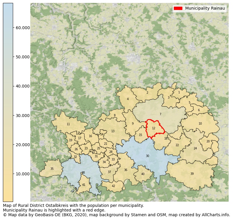 Map of Rural district Ostalbkreis with the population per municipality.Municipality Rainau is highlighted with a red edge.. This page shows a lot of information about residents (such as the distribution by age groups, family composition, gender, native or German with an immigration background, ...), homes (numbers, types, price development, use, type of property, ...) and more (car ownership, energy consumption, ...) based on open data from the German Federal Agency for Cartography, the Federal Statistical Office (DESTATIS), the Regional Statistical Offices and various other sources!