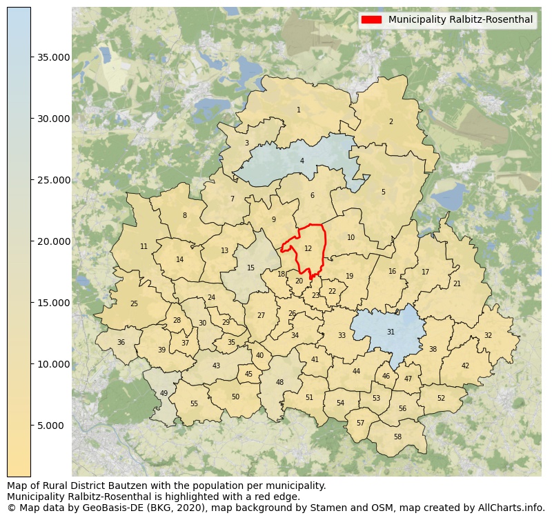 Map of Rural district Bautzen with the population per municipality.Municipality Ralbitz-Rosenthal is highlighted with a red edge.. This page shows a lot of information about residents (such as the distribution by age groups, family composition, gender, native or German with an immigration background, ...), homes (numbers, types, price development, use, type of property, ...) and more (car ownership, energy consumption, ...) based on open data from the German Federal Agency for Cartography, the Federal Statistical Office (DESTATIS), the Regional Statistical Offices and various other sources!