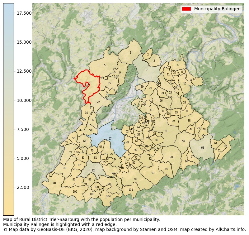 Map of Rural district Trier-Saarburg with the population per municipality.Municipality Ralingen is highlighted with a red edge.. This page shows a lot of information about residents (such as the distribution by age groups, family composition, gender, native or German with an immigration background, ...), homes (numbers, types, price development, use, type of property, ...) and more (car ownership, energy consumption, ...) based on open data from the German Federal Agency for Cartography, the Federal Statistical Office (DESTATIS), the Regional Statistical Offices and various other sources!