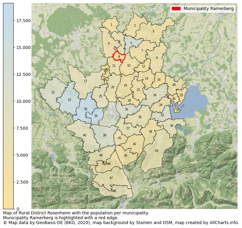 Map of Rural district Rosenheim with the population per municipality.Municipality Ramerberg is highlighted with a red edge.. This page shows a lot of information about residents (such as the distribution by age groups, family composition, gender, native or German with an immigration background, ...), homes (numbers, types, price development, use, type of property, ...) and more (car ownership, energy consumption, ...) based on open data from the German Federal Agency for Cartography, the Federal Statistical Office (DESTATIS), the Regional Statistical Offices and various other sources!