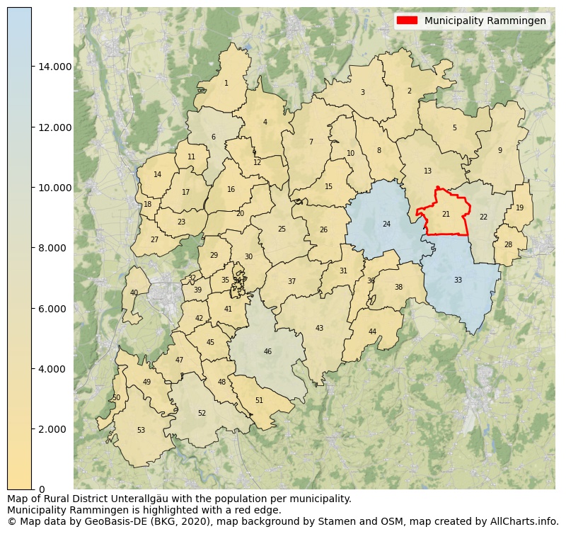 Map of Rural district Unterallgäu with the population per municipality.Municipality Rammingen is highlighted with a red edge.. This page shows a lot of information about residents (such as the distribution by age groups, family composition, gender, native or German with an immigration background, ...), homes (numbers, types, price development, use, type of property, ...) and more (car ownership, energy consumption, ...) based on open data from the German Federal Agency for Cartography, the Federal Statistical Office (DESTATIS), the Regional Statistical Offices and various other sources!