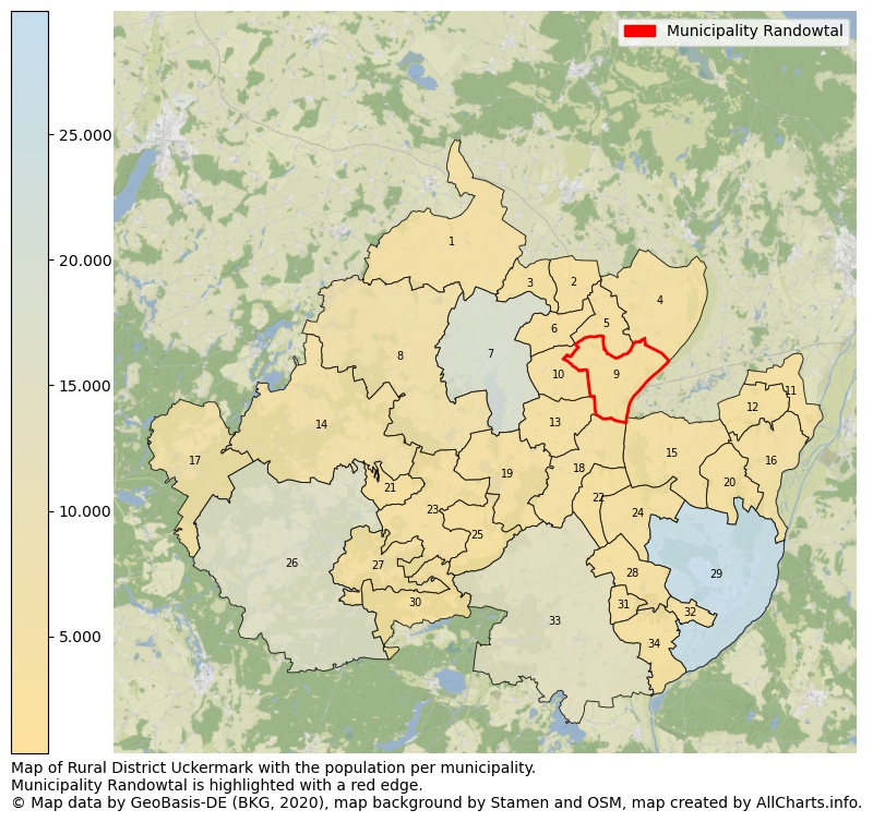 Map of Rural district Uckermark with the population per municipality.Municipality Randowtal is highlighted with a red edge.. This page shows a lot of information about residents (such as the distribution by age groups, family composition, gender, native or German with an immigration background, ...), homes (numbers, types, price development, use, type of property, ...) and more (car ownership, energy consumption, ...) based on open data from the German Federal Agency for Cartography, the Federal Statistical Office (DESTATIS), the Regional Statistical Offices and various other sources!