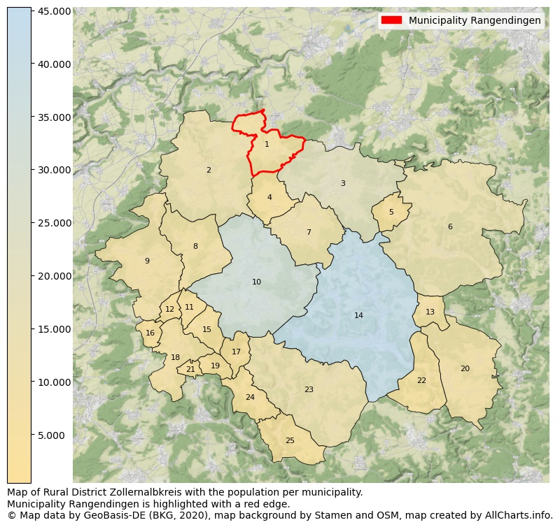 Map of Rural district Zollernalbkreis with the population per municipality.Municipality Rangendingen is highlighted with a red edge.. This page shows a lot of information about residents (such as the distribution by age groups, family composition, gender, native or German with an immigration background, ...), homes (numbers, types, price development, use, type of property, ...) and more (car ownership, energy consumption, ...) based on open data from the German Federal Agency for Cartography, the Federal Statistical Office (DESTATIS), the Regional Statistical Offices and various other sources!