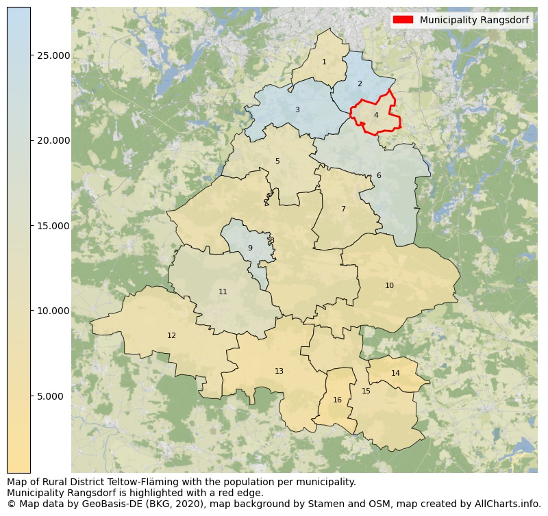 Map of Rural district Teltow-Fläming with the population per municipality.Municipality Rangsdorf is highlighted with a red edge.. This page shows a lot of information about residents (such as the distribution by age groups, family composition, gender, native or German with an immigration background, ...), homes (numbers, types, price development, use, type of property, ...) and more (car ownership, energy consumption, ...) based on open data from the German Federal Agency for Cartography, the Federal Statistical Office (DESTATIS), the Regional Statistical Offices and various other sources!