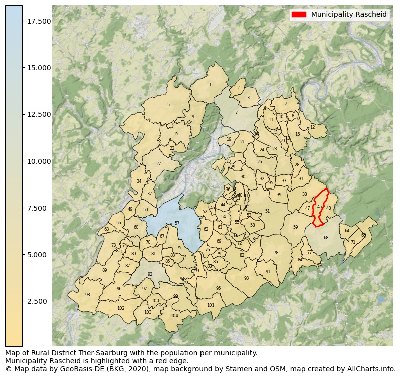 Map of Rural district Trier-Saarburg with the population per municipality.Municipality Rascheid is highlighted with a red edge.. This page shows a lot of information about residents (such as the distribution by age groups, family composition, gender, native or German with an immigration background, ...), homes (numbers, types, price development, use, type of property, ...) and more (car ownership, energy consumption, ...) based on open data from the German Federal Agency for Cartography, the Federal Statistical Office (DESTATIS), the Regional Statistical Offices and various other sources!