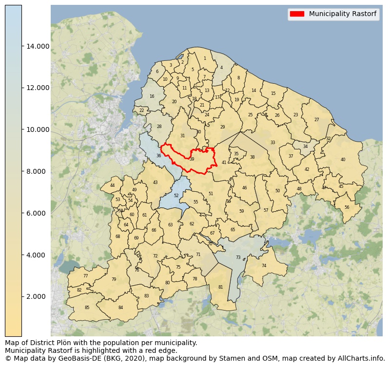 Map of District Plön with the population per municipality.Municipality Rastorf is highlighted with a red edge.. This page shows a lot of information about residents (such as the distribution by age groups, family composition, gender, native or German with an immigration background, ...), homes (numbers, types, price development, use, type of property, ...) and more (car ownership, energy consumption, ...) based on open data from the German Federal Agency for Cartography, the Federal Statistical Office (DESTATIS), the Regional Statistical Offices and various other sources!