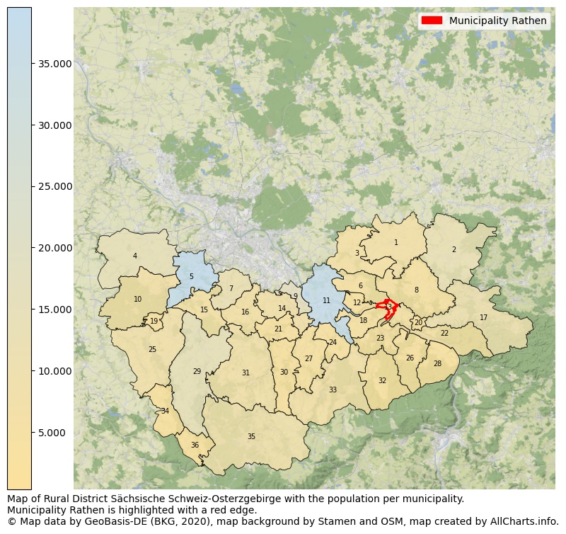 Map of Rural district Sächsische Schweiz-Osterzgebirge with the population per municipality.Municipality Rathen is highlighted with a red edge.. This page shows a lot of information about residents (such as the distribution by age groups, family composition, gender, native or German with an immigration background, ...), homes (numbers, types, price development, use, type of property, ...) and more (car ownership, energy consumption, ...) based on open data from the German Federal Agency for Cartography, the Federal Statistical Office (DESTATIS), the Regional Statistical Offices and various other sources!