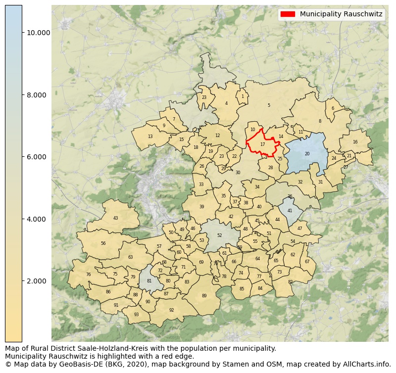 Map of Rural district Saale-Holzland-Kreis with the population per municipality.Municipality Rauschwitz is highlighted with a red edge.. This page shows a lot of information about residents (such as the distribution by age groups, family composition, gender, native or German with an immigration background, ...), homes (numbers, types, price development, use, type of property, ...) and more (car ownership, energy consumption, ...) based on open data from the German Federal Agency for Cartography, the Federal Statistical Office (DESTATIS), the Regional Statistical Offices and various other sources!