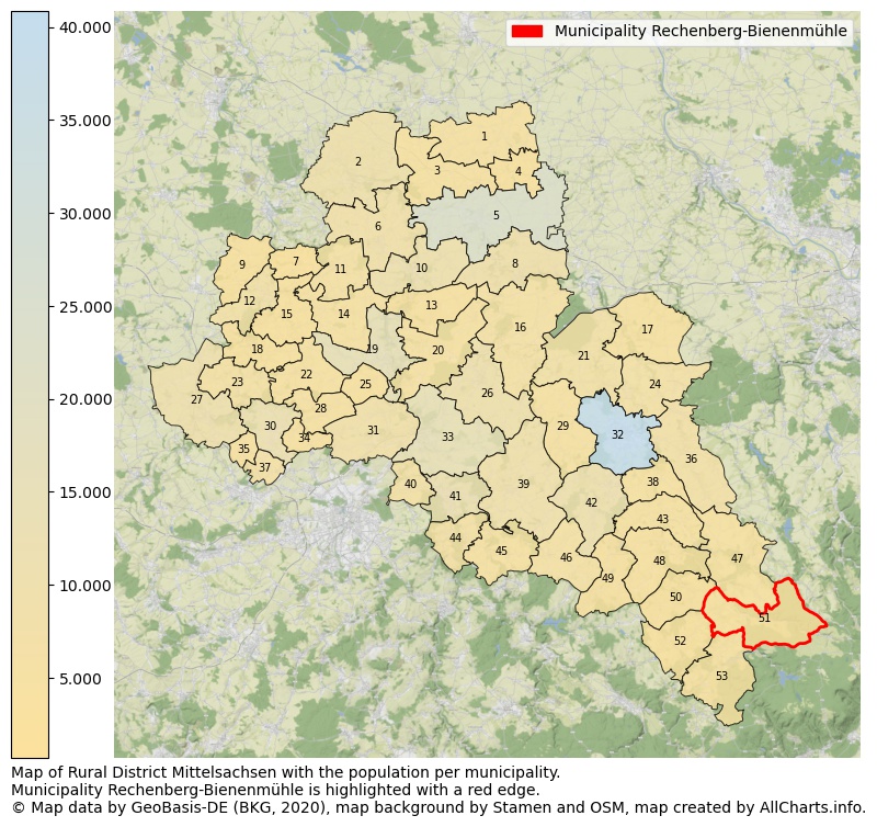 Map of Rural district Mittelsachsen with the population per municipality.Municipality Rechenberg-Bienenmühle is highlighted with a red edge.. This page shows a lot of information about residents (such as the distribution by age groups, family composition, gender, native or German with an immigration background, ...), homes (numbers, types, price development, use, type of property, ...) and more (car ownership, energy consumption, ...) based on open data from the German Federal Agency for Cartography, the Federal Statistical Office (DESTATIS), the Regional Statistical Offices and various other sources!