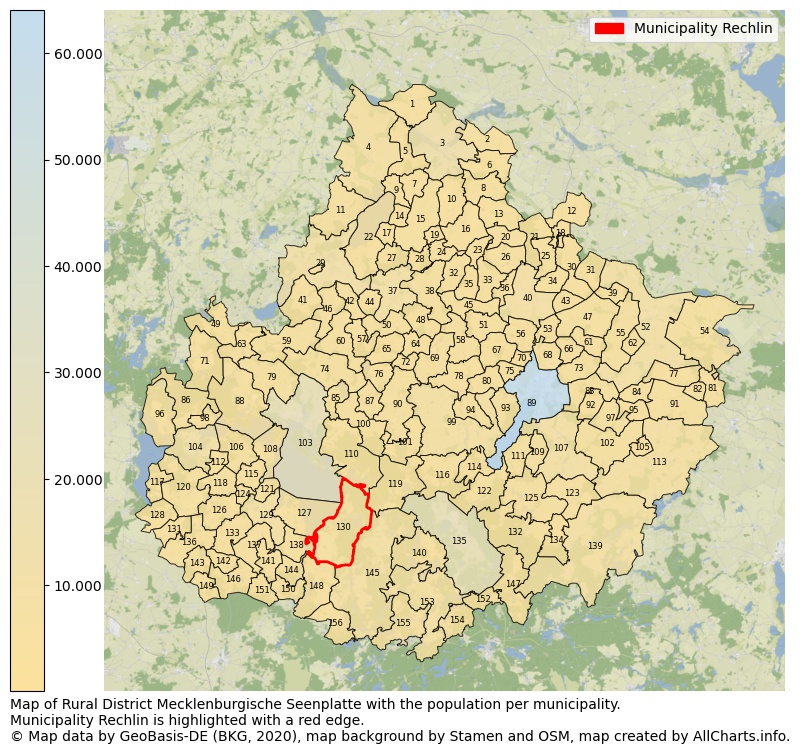 Map of Rural district Mecklenburgische Seenplatte with the population per municipality.Municipality Rechlin is highlighted with a red edge.. This page shows a lot of information about residents (such as the distribution by age groups, family composition, gender, native or German with an immigration background, ...), homes (numbers, types, price development, use, type of property, ...) and more (car ownership, energy consumption, ...) based on open data from the German Federal Agency for Cartography, the Federal Statistical Office (DESTATIS), the Regional Statistical Offices and various other sources!