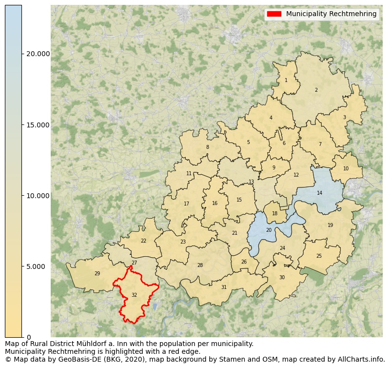 Map of Rural district Mühldorf a. Inn with the population per municipality.Municipality Rechtmehring is highlighted with a red edge.. This page shows a lot of information about residents (such as the distribution by age groups, family composition, gender, native or German with an immigration background, ...), homes (numbers, types, price development, use, type of property, ...) and more (car ownership, energy consumption, ...) based on open data from the German Federal Agency for Cartography, the Federal Statistical Office (DESTATIS), the Regional Statistical Offices and various other sources!