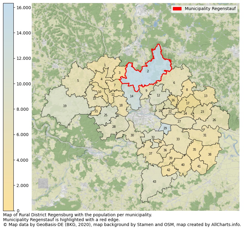 Map of Rural district Regensburg with the population per municipality.Municipality Regenstauf is highlighted with a red edge.. This page shows a lot of information about residents (such as the distribution by age groups, family composition, gender, native or German with an immigration background, ...), homes (numbers, types, price development, use, type of property, ...) and more (car ownership, energy consumption, ...) based on open data from the German Federal Agency for Cartography, the Federal Statistical Office (DESTATIS), the Regional Statistical Offices and various other sources!