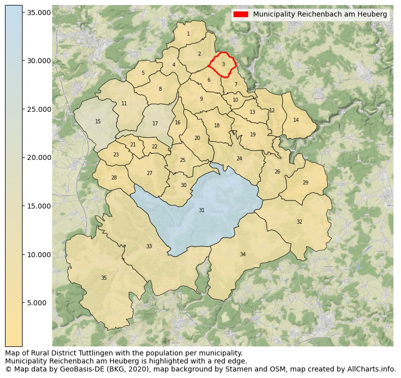 Map of Rural district Tuttlingen with the population per municipality.Municipality Reichenbach am Heuberg is highlighted with a red edge.. This page shows a lot of information about residents (such as the distribution by age groups, family composition, gender, native or German with an immigration background, ...), homes (numbers, types, price development, use, type of property, ...) and more (car ownership, energy consumption, ...) based on open data from the German Federal Agency for Cartography, the Federal Statistical Office (DESTATIS), the Regional Statistical Offices and various other sources!