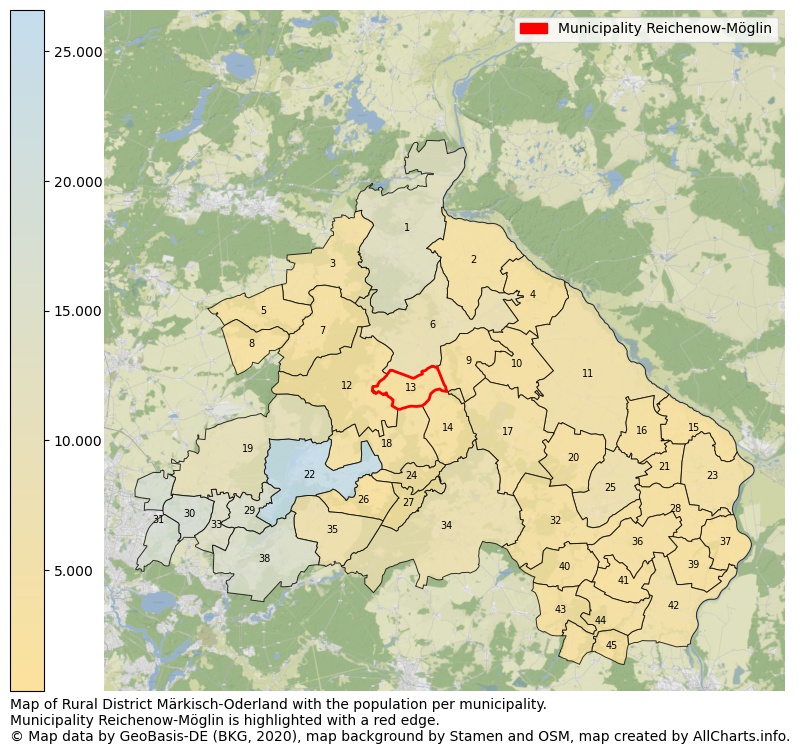 Map of Rural district Märkisch-Oderland with the population per municipality.Municipality Reichenow-Möglin is highlighted with a red edge.. This page shows a lot of information about residents (such as the distribution by age groups, family composition, gender, native or German with an immigration background, ...), homes (numbers, types, price development, use, type of property, ...) and more (car ownership, energy consumption, ...) based on open data from the German Federal Agency for Cartography, the Federal Statistical Office (DESTATIS), the Regional Statistical Offices and various other sources!