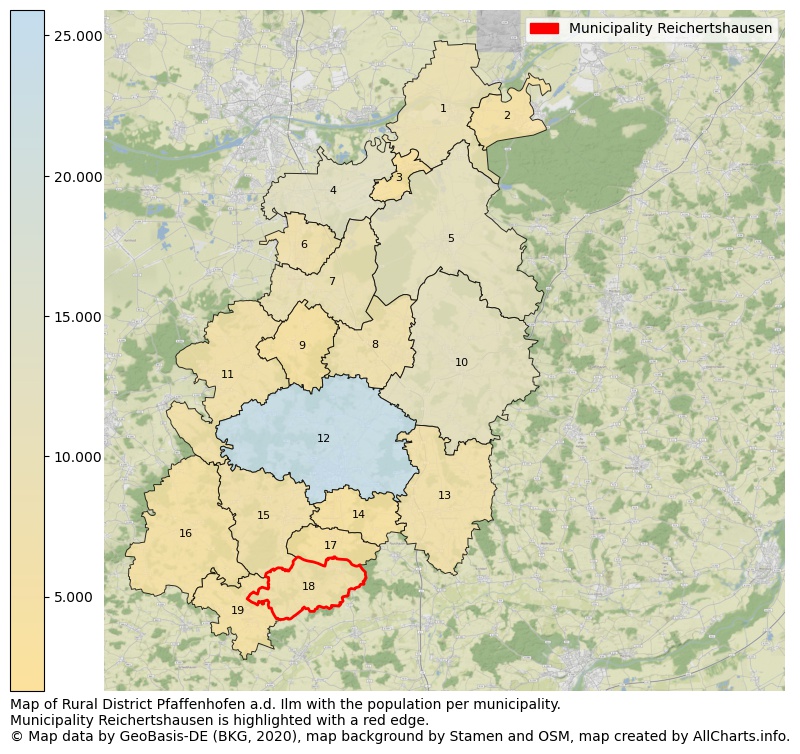 Map of Rural district Pfaffenhofen a.d. Ilm with the population per municipality.Municipality Reichertshausen is highlighted with a red edge.. This page shows a lot of information about residents (such as the distribution by age groups, family composition, gender, native or German with an immigration background, ...), homes (numbers, types, price development, use, type of property, ...) and more (car ownership, energy consumption, ...) based on open data from the German Federal Agency for Cartography, the Federal Statistical Office (DESTATIS), the Regional Statistical Offices and various other sources!