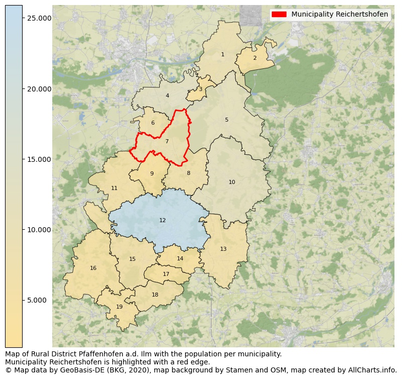 Map of Rural district Pfaffenhofen a.d. Ilm with the population per municipality.Municipality Reichertshofen is highlighted with a red edge.. This page shows a lot of information about residents (such as the distribution by age groups, family composition, gender, native or German with an immigration background, ...), homes (numbers, types, price development, use, type of property, ...) and more (car ownership, energy consumption, ...) based on open data from the German Federal Agency for Cartography, the Federal Statistical Office (DESTATIS), the Regional Statistical Offices and various other sources!