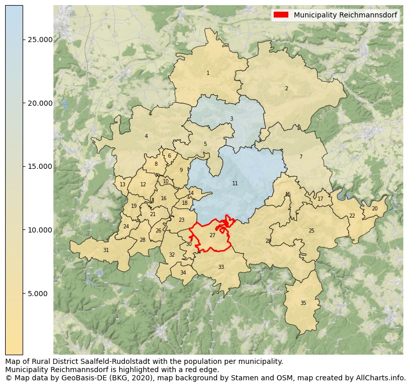 Map of Rural district Saalfeld-Rudolstadt with the population per municipality.Municipality Reichmannsdorf is highlighted with a red edge.. This page shows a lot of information about residents (such as the distribution by age groups, family composition, gender, native or German with an immigration background, ...), homes (numbers, types, price development, use, type of property, ...) and more (car ownership, energy consumption, ...) based on open data from the German Federal Agency for Cartography, the Federal Statistical Office (DESTATIS), the Regional Statistical Offices and various other sources!