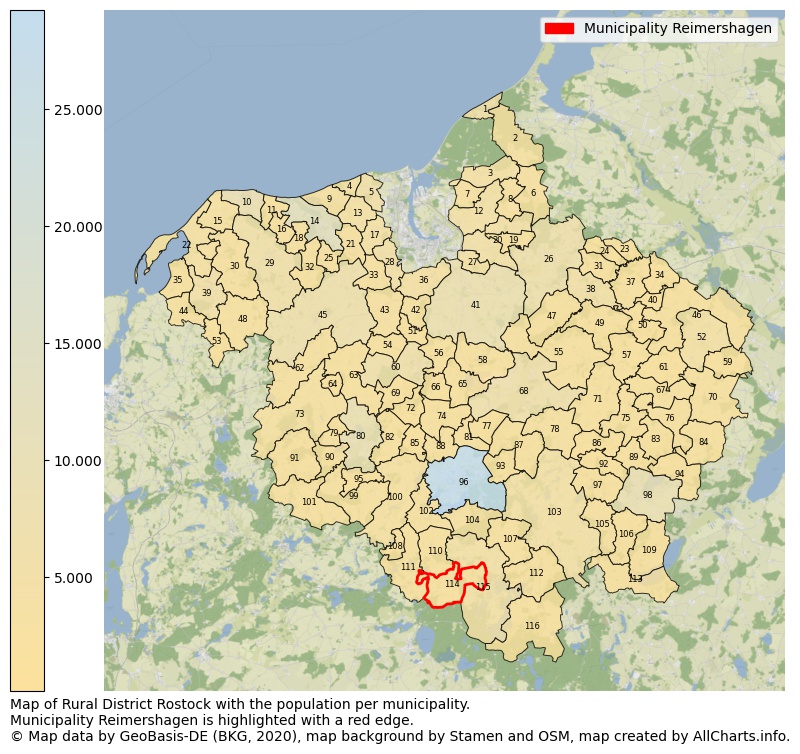 Map of Rural district Rostock with the population per municipality.Municipality Reimershagen is highlighted with a red edge.. This page shows a lot of information about residents (such as the distribution by age groups, family composition, gender, native or German with an immigration background, ...), homes (numbers, types, price development, use, type of property, ...) and more (car ownership, energy consumption, ...) based on open data from the German Federal Agency for Cartography, the Federal Statistical Office (DESTATIS), the Regional Statistical Offices and various other sources!