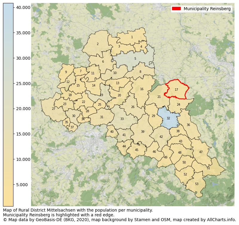 Map of Rural district Mittelsachsen with the population per municipality.Municipality Reinsberg is highlighted with a red edge.. This page shows a lot of information about residents (such as the distribution by age groups, family composition, gender, native or German with an immigration background, ...), homes (numbers, types, price development, use, type of property, ...) and more (car ownership, energy consumption, ...) based on open data from the German Federal Agency for Cartography, the Federal Statistical Office (DESTATIS), the Regional Statistical Offices and various other sources!
