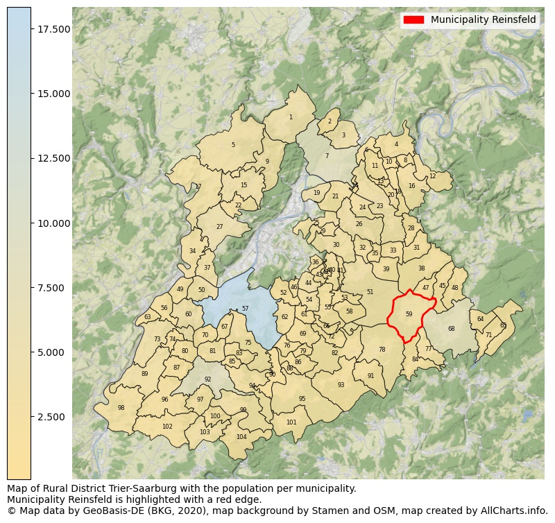Map of Rural district Trier-Saarburg with the population per municipality.Municipality Reinsfeld is highlighted with a red edge.. This page shows a lot of information about residents (such as the distribution by age groups, family composition, gender, native or German with an immigration background, ...), homes (numbers, types, price development, use, type of property, ...) and more (car ownership, energy consumption, ...) based on open data from the German Federal Agency for Cartography, the Federal Statistical Office (DESTATIS), the Regional Statistical Offices and various other sources!