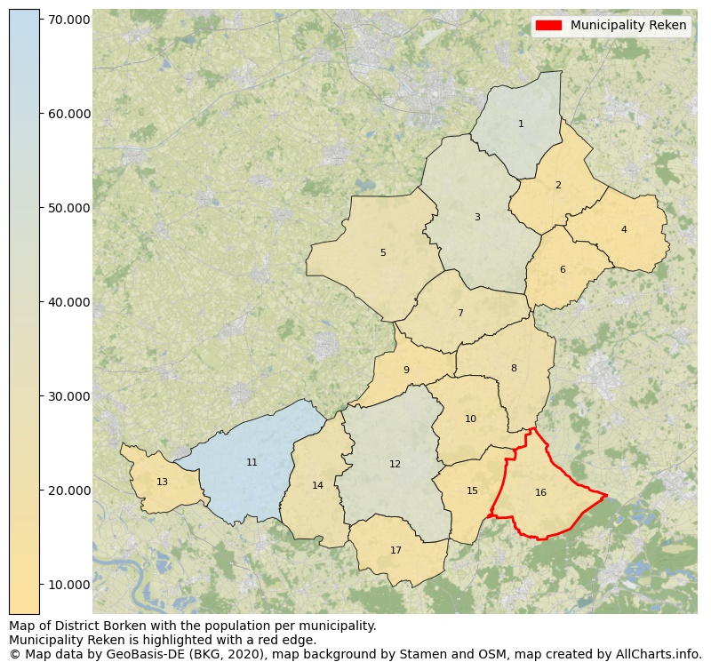 Map of District Borken with the population per municipality.Municipality Reken is highlighted with a red edge.. This page shows a lot of information about residents (such as the distribution by age groups, family composition, gender, native or German with an immigration background, ...), homes (numbers, types, price development, use, type of property, ...) and more (car ownership, energy consumption, ...) based on open data from the German Federal Agency for Cartography, the Federal Statistical Office (DESTATIS), the Regional Statistical Offices and various other sources!