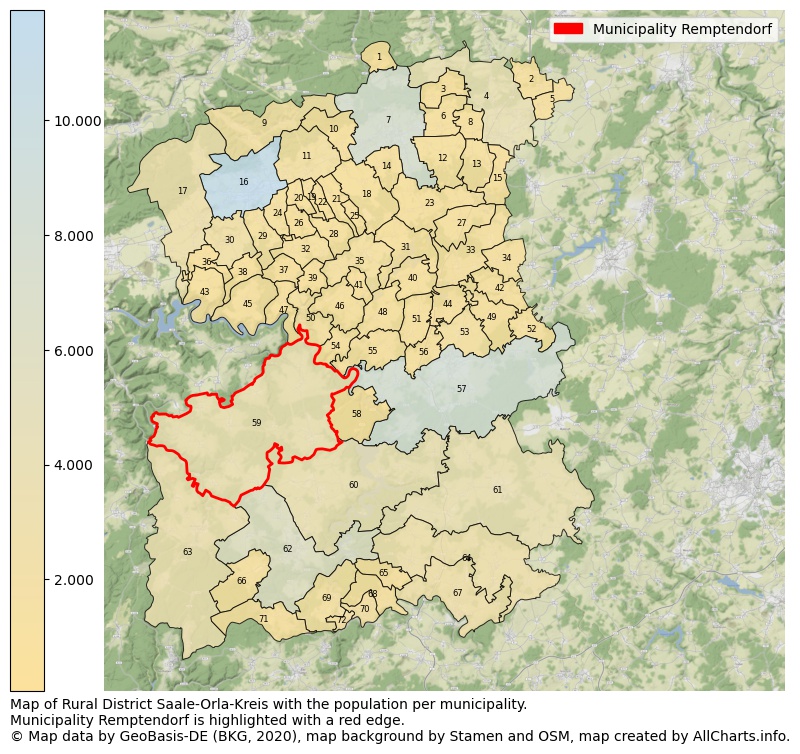 Map of Rural district Saale-Orla-Kreis with the population per municipality.Municipality Remptendorf is highlighted with a red edge.. This page shows a lot of information about residents (such as the distribution by age groups, family composition, gender, native or German with an immigration background, ...), homes (numbers, types, price development, use, type of property, ...) and more (car ownership, energy consumption, ...) based on open data from the German Federal Agency for Cartography, the Federal Statistical Office (DESTATIS), the Regional Statistical Offices and various other sources!