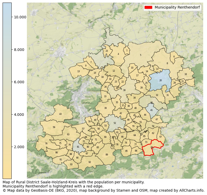 Map of Rural district Saale-Holzland-Kreis with the population per municipality.Municipality Renthendorf is highlighted with a red edge.. This page shows a lot of information about residents (such as the distribution by age groups, family composition, gender, native or German with an immigration background, ...), homes (numbers, types, price development, use, type of property, ...) and more (car ownership, energy consumption, ...) based on open data from the German Federal Agency for Cartography, the Federal Statistical Office (DESTATIS), the Regional Statistical Offices and various other sources!