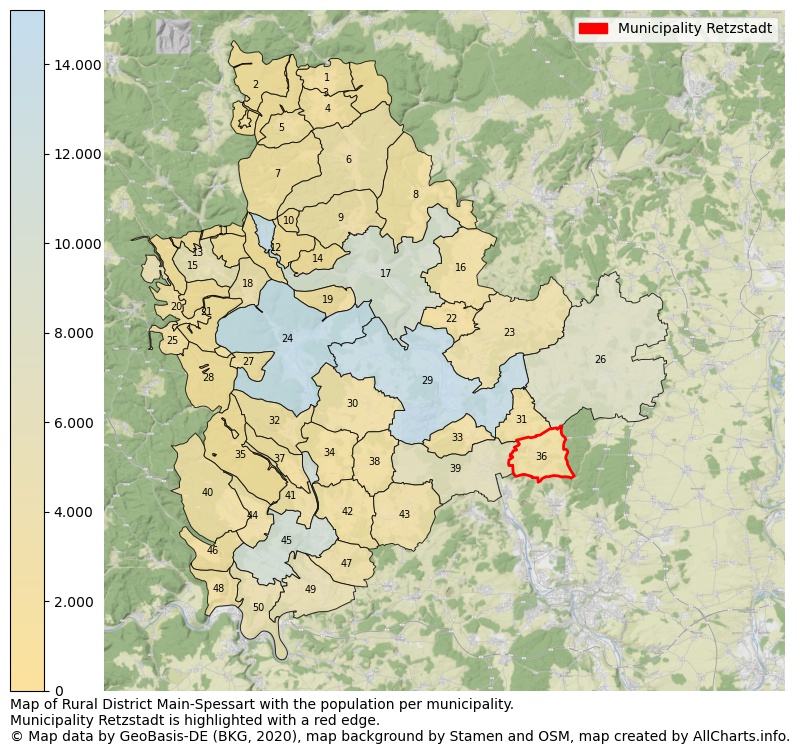 Map of Rural district Main-Spessart with the population per municipality.Municipality Retzstadt is highlighted with a red edge.. This page shows a lot of information about residents (such as the distribution by age groups, family composition, gender, native or German with an immigration background, ...), homes (numbers, types, price development, use, type of property, ...) and more (car ownership, energy consumption, ...) based on open data from the German Federal Agency for Cartography, the Federal Statistical Office (DESTATIS), the Regional Statistical Offices and various other sources!
