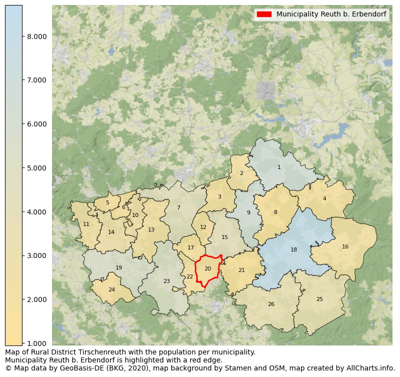 Map of Rural district Tirschenreuth with the population per municipality.Municipality Reuth b. Erbendorf is highlighted with a red edge.. This page shows a lot of information about residents (such as the distribution by age groups, family composition, gender, native or German with an immigration background, ...), homes (numbers, types, price development, use, type of property, ...) and more (car ownership, energy consumption, ...) based on open data from the German Federal Agency for Cartography, the Federal Statistical Office (DESTATIS), the Regional Statistical Offices and various other sources!