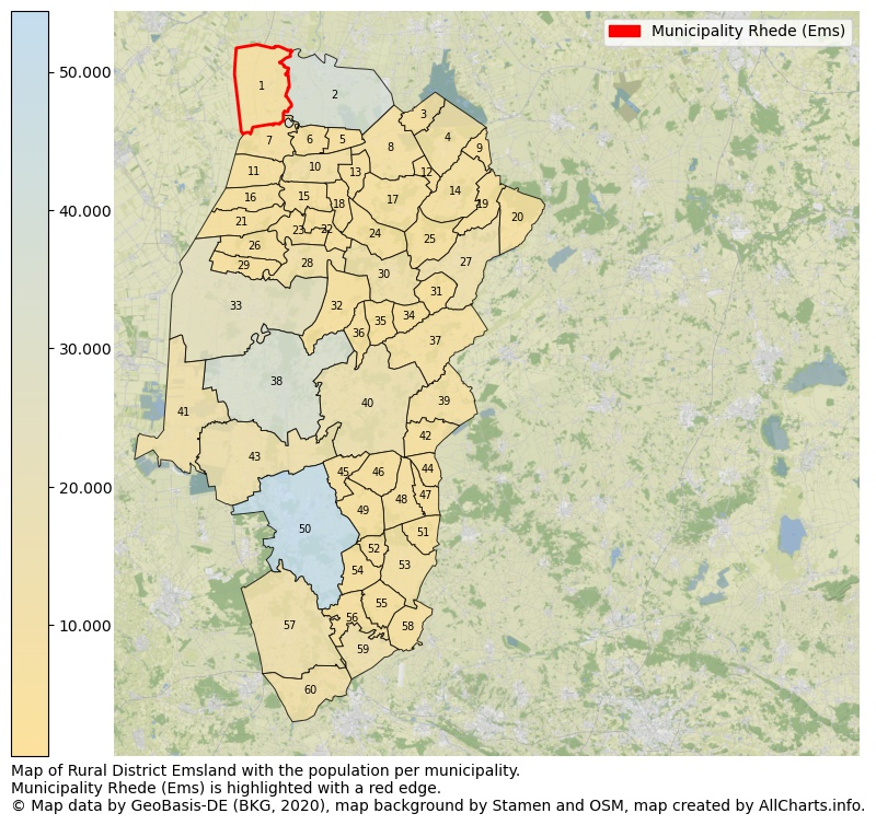 Map of Rural district Emsland with the population per municipality.Municipality Rhede (Ems) is highlighted with a red edge.. This page shows a lot of information about residents (such as the distribution by age groups, family composition, gender, native or German with an immigration background, ...), homes (numbers, types, price development, use, type of property, ...) and more (car ownership, energy consumption, ...) based on open data from the German Federal Agency for Cartography, the Federal Statistical Office (DESTATIS), the Regional Statistical Offices and various other sources!