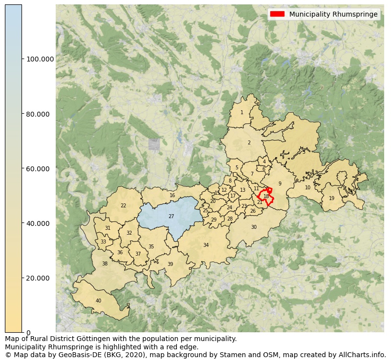 Map of Rural district Göttingen with the population per municipality.Municipality Rhumspringe is highlighted with a red edge.. This page shows a lot of information about residents (such as the distribution by age groups, family composition, gender, native or German with an immigration background, ...), homes (numbers, types, price development, use, type of property, ...) and more (car ownership, energy consumption, ...) based on open data from the German Federal Agency for Cartography, the Federal Statistical Office (DESTATIS), the Regional Statistical Offices and various other sources!