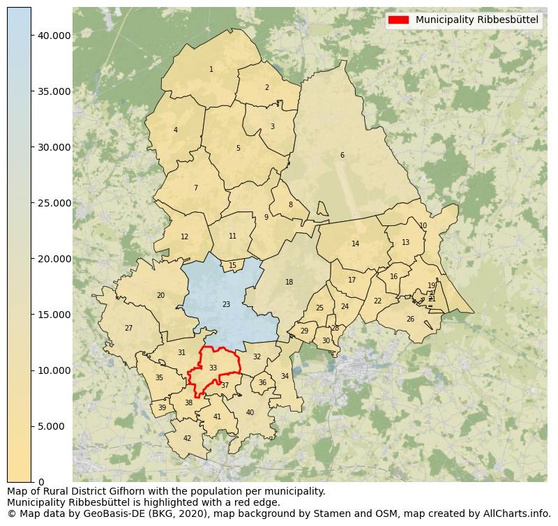 Map of Rural district Gifhorn with the population per municipality.Municipality Ribbesbüttel is highlighted with a red edge.. This page shows a lot of information about residents (such as the distribution by age groups, family composition, gender, native or German with an immigration background, ...), homes (numbers, types, price development, use, type of property, ...) and more (car ownership, energy consumption, ...) based on open data from the German Federal Agency for Cartography, the Federal Statistical Office (DESTATIS), the Regional Statistical Offices and various other sources!