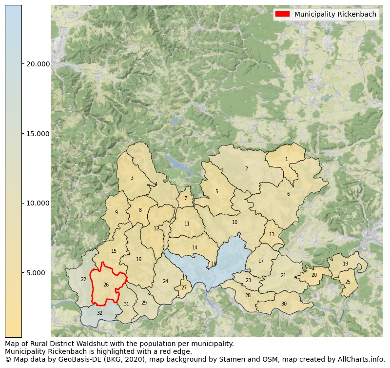 Map of Rural district Waldshut with the population per municipality.Municipality Rickenbach is highlighted with a red edge.. This page shows a lot of information about residents (such as the distribution by age groups, family composition, gender, native or German with an immigration background, ...), homes (numbers, types, price development, use, type of property, ...) and more (car ownership, energy consumption, ...) based on open data from the German Federal Agency for Cartography, the Federal Statistical Office (DESTATIS), the Regional Statistical Offices and various other sources!