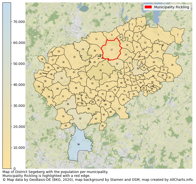 Map of District Segeberg with the population per municipality.Municipality Rickling is highlighted with a red edge.. This page shows a lot of information about residents (such as the distribution by age groups, family composition, gender, native or German with an immigration background, ...), homes (numbers, types, price development, use, type of property, ...) and more (car ownership, energy consumption, ...) based on open data from the German Federal Agency for Cartography, the Federal Statistical Office (DESTATIS), the Regional Statistical Offices and various other sources!