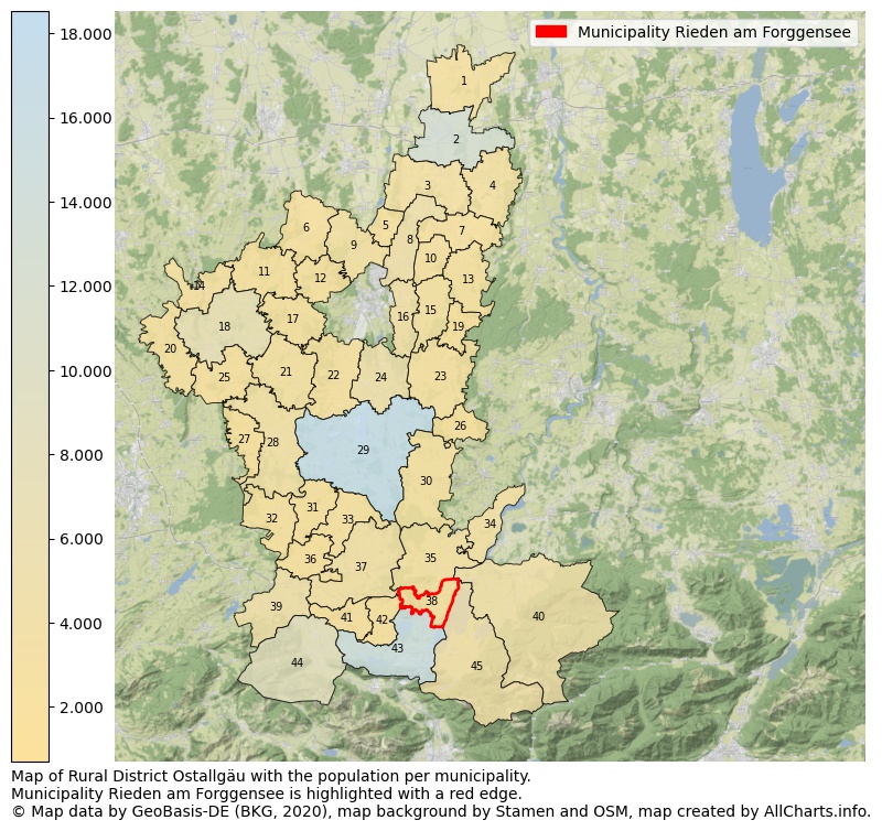 Map of Rural district Ostallgäu with the population per municipality.Municipality Rieden am Forggensee is highlighted with a red edge.. This page shows a lot of information about residents (such as the distribution by age groups, family composition, gender, native or German with an immigration background, ...), homes (numbers, types, price development, use, type of property, ...) and more (car ownership, energy consumption, ...) based on open data from the German Federal Agency for Cartography, the Federal Statistical Office (DESTATIS), the Regional Statistical Offices and various other sources!