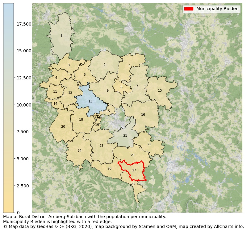 Map of Rural district Amberg-Sulzbach with the population per municipality.Municipality Rieden is highlighted with a red edge.. This page shows a lot of information about residents (such as the distribution by age groups, family composition, gender, native or German with an immigration background, ...), homes (numbers, types, price development, use, type of property, ...) and more (car ownership, energy consumption, ...) based on open data from the German Federal Agency for Cartography, the Federal Statistical Office (DESTATIS), the Regional Statistical Offices and various other sources!